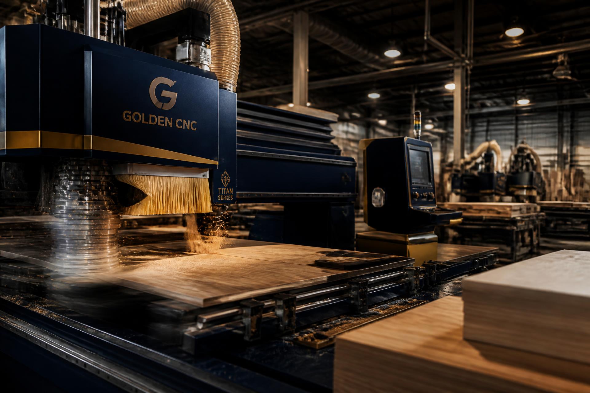 Máquina CNC industrial azul marinho e dourada em operação em chão de fábrica de madeira